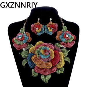 Kadınlar için Gelin Takı Setleri Aksesuarları Kristal Rhinestone Büyük Çiçek Altın Düğün Kolye ve Küpe Seti Parti Mücevherat H1022