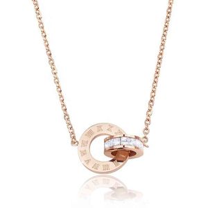 Wholale Rose Gold Simple Roman Numeral Double Cubic Zirconia Interlocking Circle Pendant Necklace