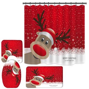 Merry Christmas Duş Perdesi Seti Kırmızı Burunlu Ren geyiği Kar Tanesi Banyo Dekoru Duşlar Perdeleri Kaymaz Halka Ile Set Kilim Tuvalet Kapağı Kapak ve Banyo Mat 165 * 180 cm HH21-802