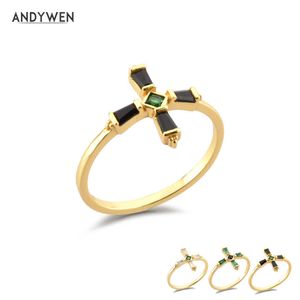 Andywen 925 Sterling Prata Preto Cruz de Luxo Anel de Luxo Jóias Fine Wedding Jóias Slim Size Cristal Verde ANILLO FINO 210608