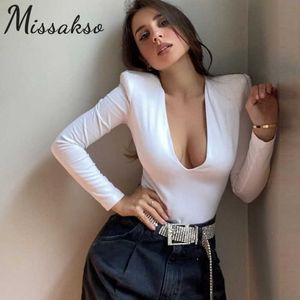 Missakso Low Cut Screenny Bodysuit Женщины Сексуальная Весна Осень Осень Праздничная Улица Улавная Одиночная Универсальная Борьба с длинным рукавом Черный Белый Ромпер 210625