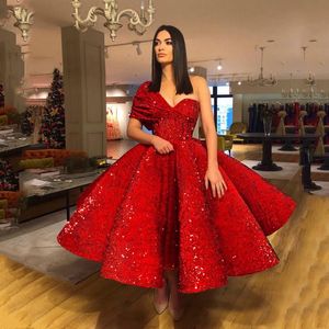 Party Dresses Amazing Sequins Puffy Custom Made Evening Dress One Shoulder Midi Length Formal Gowns Arabia Middle East Style