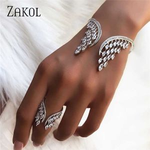 Zakol Fashion Luxury Cubic Zirconia Big Angle Wings Shaped Cuff Bracelet Bangle for Women Girl Party Wedding Jewelry Fsbp2011 Q0717