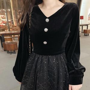 Casual Dresses Velvet Black Dress French Long Sleeve Maxi Gothic Designer V-neck Women Evening Sequins Autumn Women's Clothing 2021