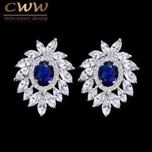 Brand Jewelry White Gold Color Gorgeous Cubic Zirconia Large Fashion Stud Earrings with Bule Crystal CZ172 210714