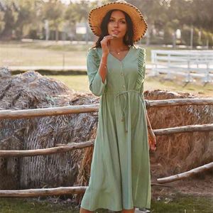 Spring Summer Women's Dress Casual cotton V-neck buttons 3/4 sleeve long dresses feamle sweet high quality 210524