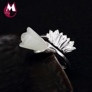 Cluster Rings Hippop Fashion Natural Stone Jade Magnolia Initial Adjustable Ladies Ring 100% 925 Sterling Silver Jewelry 2021 Women R46