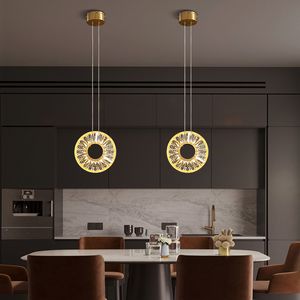 Nordic Led Copper Circle Pendant Lamp Luxury Crystal Ceiling Hanging Light Indoor Decor for Dining Room Kitchen Island Bedroom