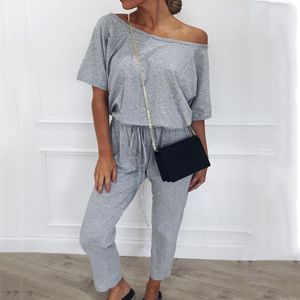 Casual Bodysuit Kvinnor Sommar Off-Shoulder Solid Färg Fritid Pyjamas Loose Short-Sleeved Jumpsuit Lace Up Jumpsuits 210514