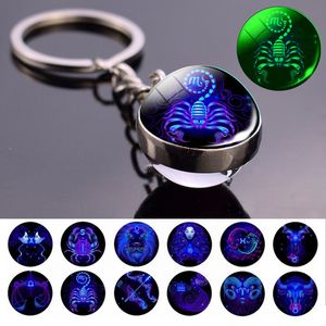 Glödande 12 Constellation Keychain Lysous Glas Boll Hängsmycke Zodiac Key Ringar Smycken Födelsedaggåva Scorpio Leo Libra Nyckelringar