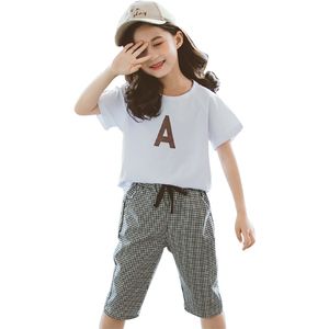 Carta de roupa de verão meninas camiseta + short para roupa adolescente xadrez conjunto estilo casual kids tracksuit 210527