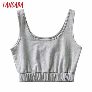 Tangada women gray tank crop top sleeveless backless short blouses shirts female casual solid tops TM1 210609