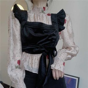 Stand Collar Flare Sleeve Embroidery Polka Dots Blouse Women Elegant Retro Sexy Slim Black Velvet Camisole Tops Fashion Sets 210610