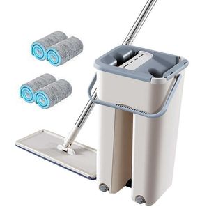 Floor Mop with Bucket Cleaning s Flat Squeeze System Supplies 360 Flexible Head Reusable Pads 210805