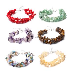 Double Layers 7 Chakra Natural Stone Crystal Crushed Stone Bracelets with stainless steel chain Irregular Chips Charm Bracelet for women tiger eye fashion jewelry
