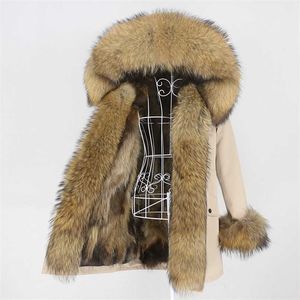 Menina Bonita Long Parka本物の毛皮のコートウィンタージャケット女性のフードナチュラルアライグマアウター着脱可能211220