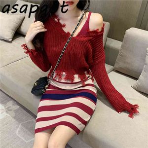 Herbst Mode Koreanische Pullover Loch Quaste Gestrickte Pullover Spaghetti Strap Gestreiften Kleid Frauen Retro 2 Stück Set 210429