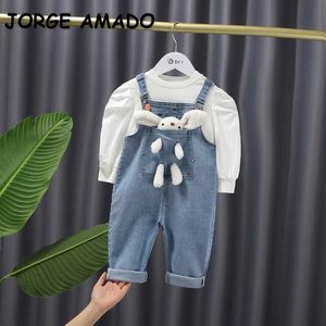 Spring Kids Girls 2-pcs Sets White Puff Sleeves Long T-shirt + Denim Overalls with Pocket Rabbit Children Clothes E1109 210610