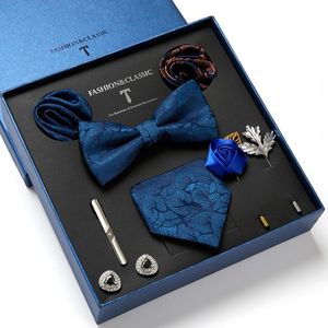 Bow Ties High Quality Gift Box Tie Hanky Pocket Squares Cufflink Set Brooch Pin Clip Necktie Brown Male Clothing Accessories