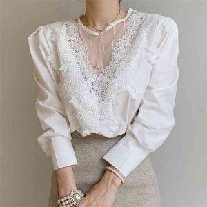 Элегантный корейский сладкий кружевной крючок цветочный блузка Женщины белый O-образный слой путящий рукав Blusas Spring 210519