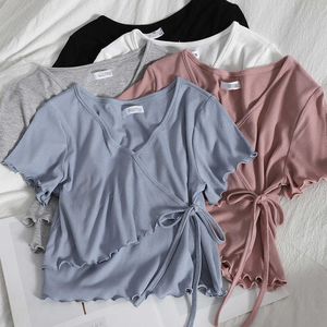 Fashion Ruched Knitted Women T-Shirt Sexy V-Neck Patchwork Bandage Summer Female Tees Tops W9235 210526
