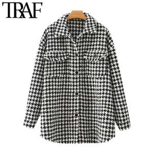 TRAF Kobiety Moda Oversized Houndstooth Frayed Tweed Kurtka Płaszcz Vintage Z Długim Rękawem Kieszenie Kobiet Odzież wierzchnia Chic 211014