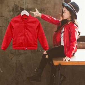 Primavera crianças roupas pu jaqueta de couro para meninas crianças outwear criança jaquetas menina e casacos vermelho preto rosa tz493 211011