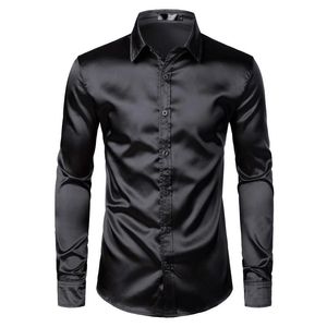 Мужские черные атласные роскошные платья футболки 2021 шелк гладкие мужчины смокинг рубашка Slim Fit Wedding Party Promaine Prom Повседневная Chemise Homme