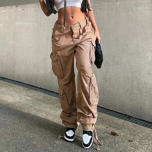 Damskie spodnie Capris Xingqing Light Brown Duże kieszenie Casual Cargo Kobiety Niski Talia Szerokie Nogi Worki Dżinsowe Spodnie Vintage Dżinsy Dżinsy