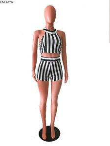 CM.Yaya Kadınlar Çizgili Eşofman Halter Açık Arka Kırpma Üst Üstleri Şort Jogger Pantolon Takım Elbise Spor Iki Parçalı Set Eşleştirme Set Outfits Y0625