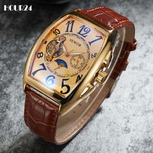 Klassiska mäns automatiska mekaniska armbandsur för män Casual vintage Luxury Tourbillon Clock Tonneau Shaped Case Leather Male Q0902
