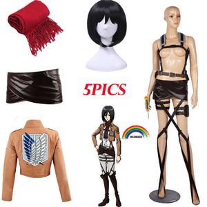 5pics attack på Titan Mikasa Ackerman Short Bob Black Shingeki No Kyojin Cosplay Kostymer Set Recon Corps Harness Belt Läder Y0903