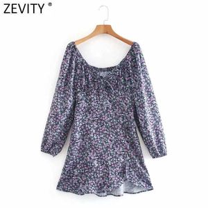 Zevity Donna Sexy Elastico Scollo a V Fiocco legato Stampa floreale Mini abito casual Femme Manica lunga Orlo Ruffles Vestido Panno DS4697 210603