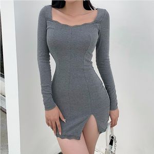 Split Koronki Sexy Mini Dresses Kobiety Przezroczysty Długi Rękaw Bodycon Square Collar Nad Kolana Dress Vedtidos