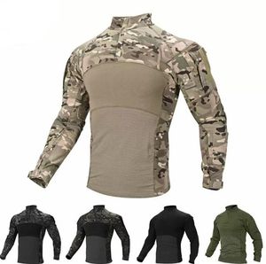 Camisa masculina respirável ao ar livre t camuflagem tático zip bolso manga longa algodão combate sapo camisa camisas de treinamento