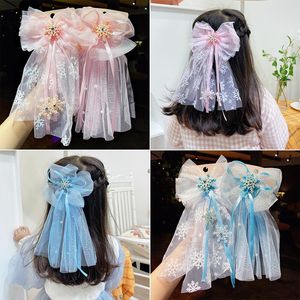 Wholesale net ribbon resale online - Hair Accessories Girl s Baby Bow Long Net Hairpin Headdress Candy Color Cute Children s Snowflake Clips Princess Veil Barrettes Ribbon