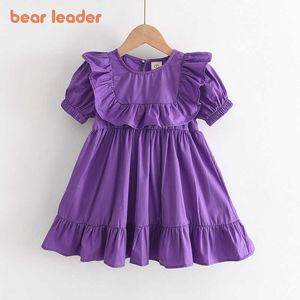 Bear líder menina princesa trafles festa vestidos de baile verão criança bebê sólido vestidos moda crianças roupas fofas 3-7Y 210708
