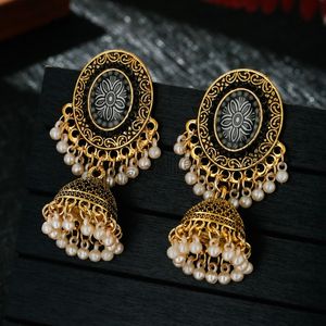 Классический этнический синий цветок Jhumka Серьги для женщин Винтаж Boho Индийские ювелирные изделия Золотой цвет колокол кисточка свисают серьги 2021