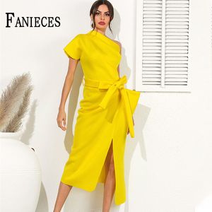 Spring Summer Fashion Women Yellow Ruffled Evening Party Dresses Mid-Length Office Lady Casual Pencil Dress mujer de moda 210520