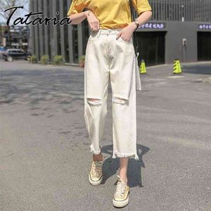 데님 바지 여성 넓은 다리 높은 허리 캐주얼 송아지 길이 흰색 느슨한 큰 찢어진 바지 여성 streetwear 210514