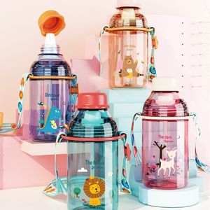 Student Water Bottle 400ml Tritan + PP Portable Cartoon Leak-Proof Kids Tumbler with Straws and Adjustable Shoulder Strap