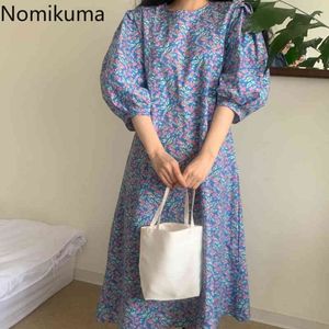 Nomikuma Korean Chic Dress Women Robe Oil Painting Floral Printed Loose Mid Calf Temperament Dresses Summer Vestidos Mujer 210514