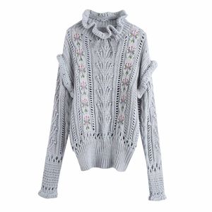 Women Flower Embroidery Hollow Knitting Sweater Female Ruffled Collar Long Sleeve Pullover Casual Lady Loose Tops SW999 210430