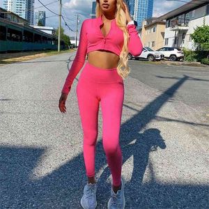 Yoga Gym Set Women Sportswear Long Sleeve Zipper Top Legging Suit for Fitness Workout Clothes Tracksuit Active Wear Sport Outfit 210813