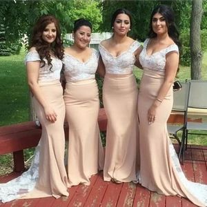 2021 Sexy Champagne Nude Bridesmaid Dresses Off The Shoulder Cap Sleeves Mermaid White Lace Applique Bodice Long Custom Wedding Guest Maid Of Honor Gowns