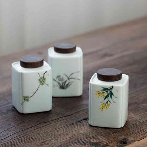 Hand Painted Ceramic Pot Portable Sealed Cans Green Sub Wooden Lid Tea Caddy Empty Packing Boxes Jingdezhen