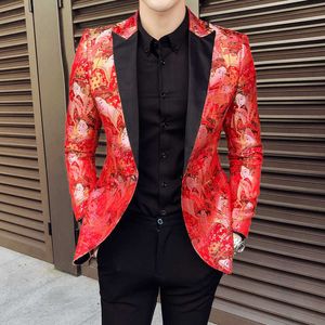 Mode blazer män röd tryck casual smal passform kostym high kvalitet bröllopsfest scen coat jacka plus storlek 5xl 210527
