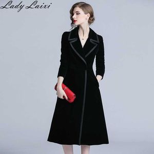 Autumn Winter Fashion comfortable velvet trench coat professional OL temperament solid warm outdoor long black 210529