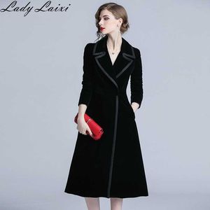 Autunno Inverno Moda comodo trench in velluto professionale temperamento OL solido caldo esterno lungo nero 210529