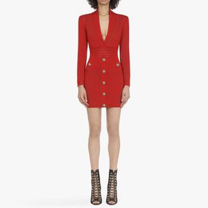 Autumn Women Red V Neck Long Sleeve Dress Sexy Buttons Mini Fashion Club Celebrity Evening Runway Party Dresses 210423